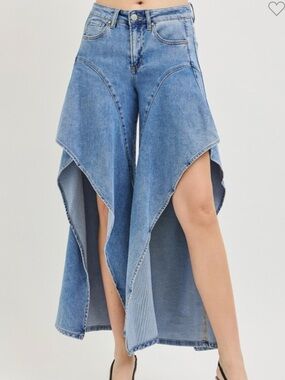 302. Risen Light Blue Denim Ruffled Wide Leg Jeans NEW
